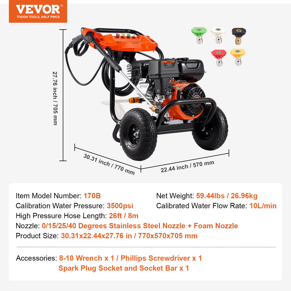 Hidrolavadora, 3500 PSI, 2.6 GPM, juego de 5 boquillas | VEVOR