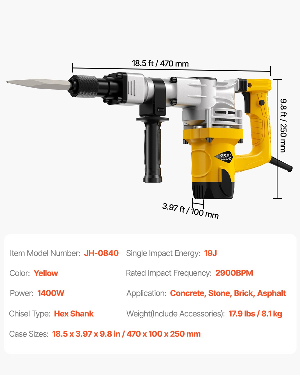 Martillo neumático de demolición, 1400 W, 2900 BPM | VEVOR