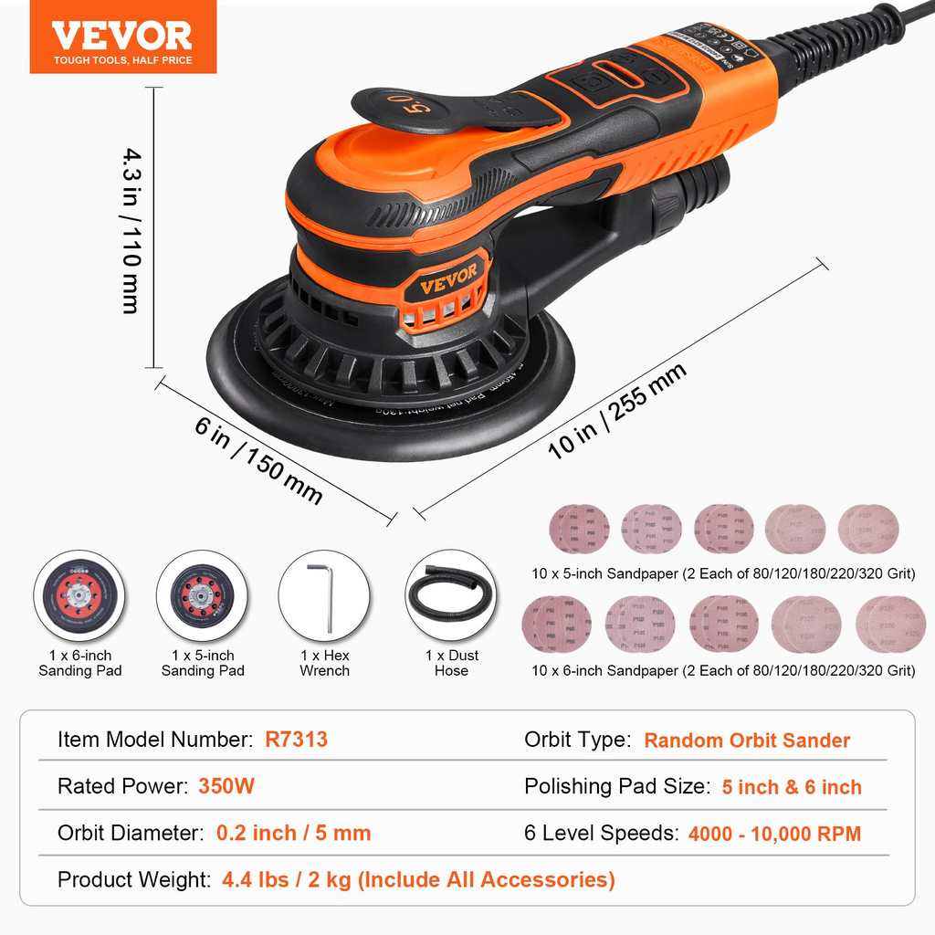 Lijadora orbital aleatoria de 5 y 6 pulgadas | VEVOR