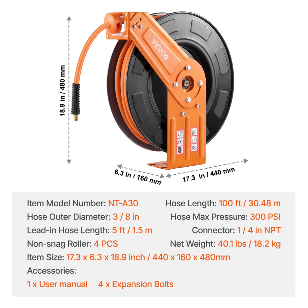 Carrete de manguera de aire retráctil, 300 psi | VEVOR