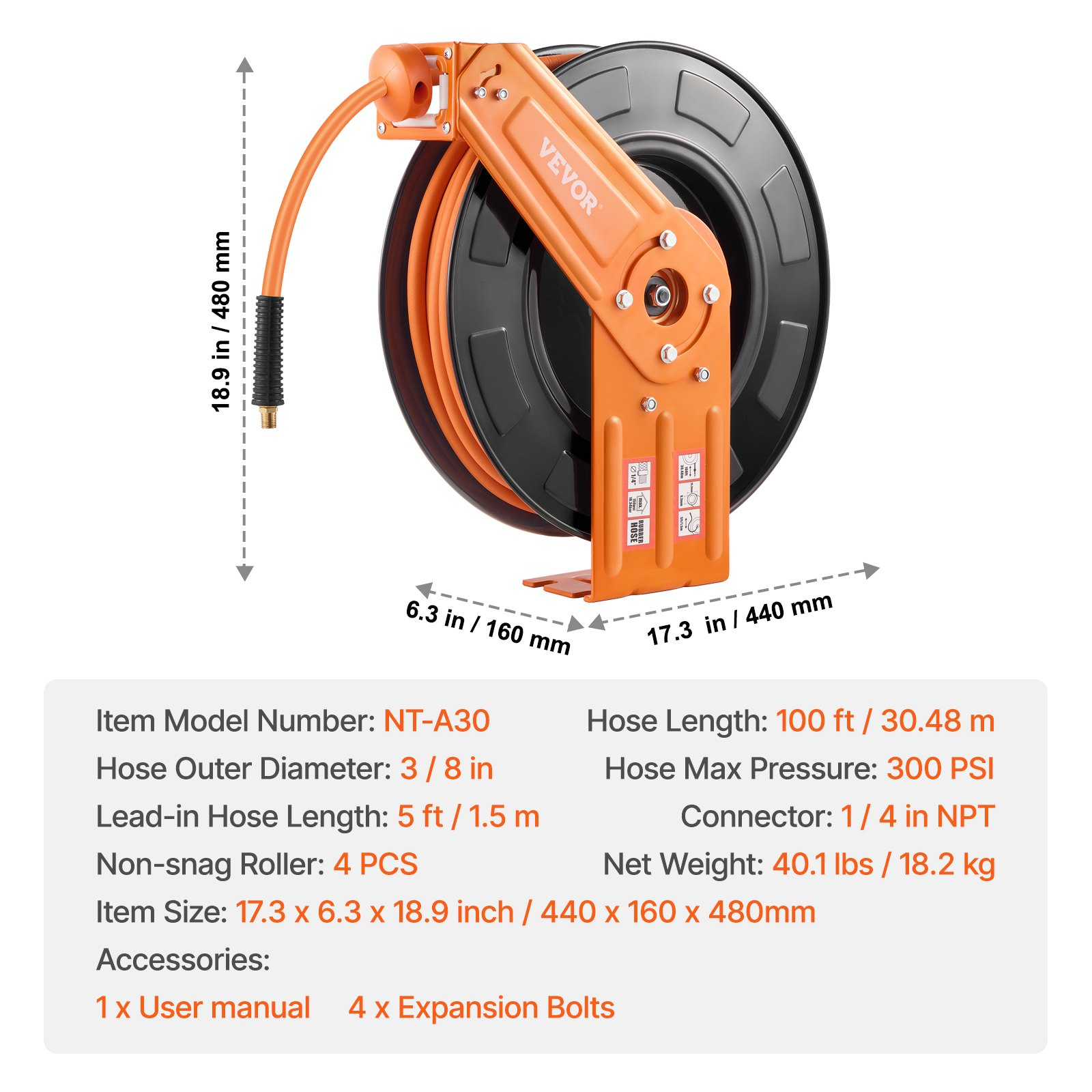 Carrete de manguera de aire retráctil, 300 psi | VEVOR
