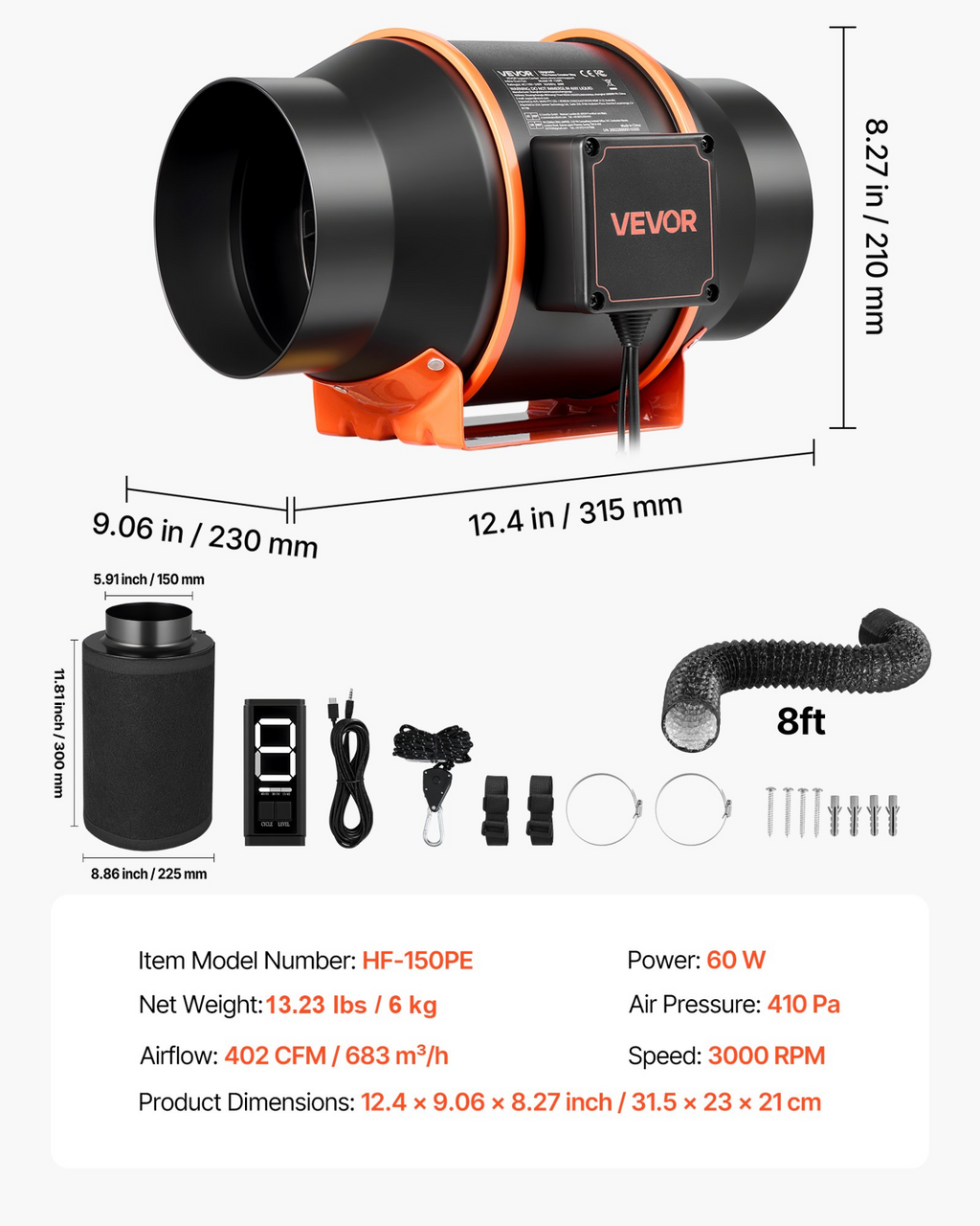 Kit de ventilador de conducto en línea con filtro XLGDFSTZEC | VEVOR