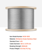 Cable de acero inoxidable de 1/8" y 1000 pies | VEVOR
