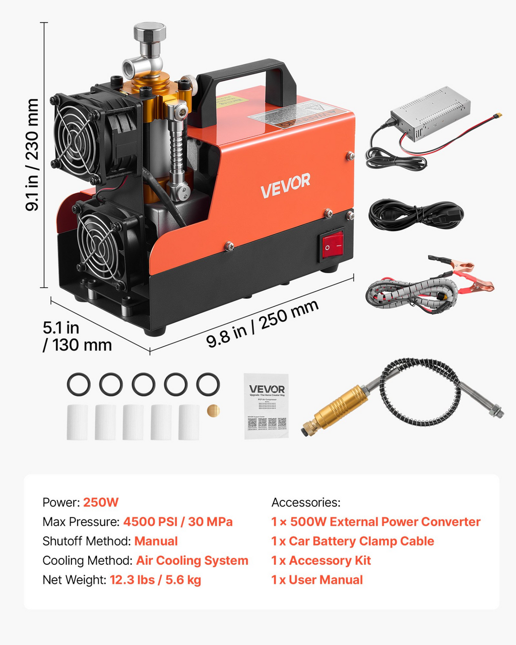 Compresor de aire PCP 4500PSI, 250W DC12V/AC120V | VEVOR