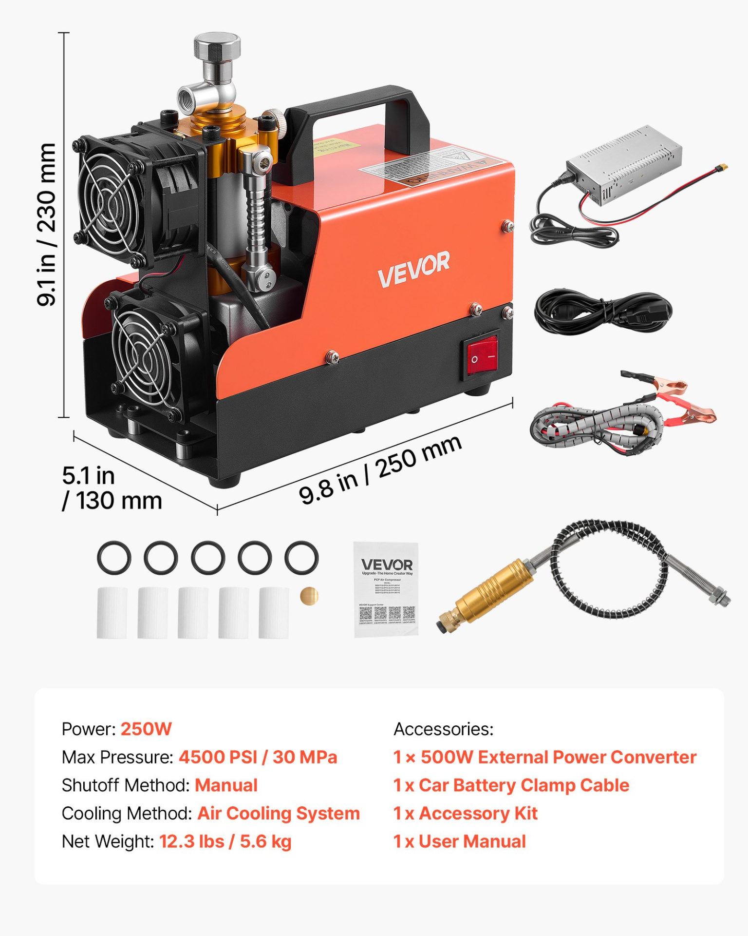 Compresor de aire PCP 4500PSI, 250W DC12V/AC120V | VEVOR