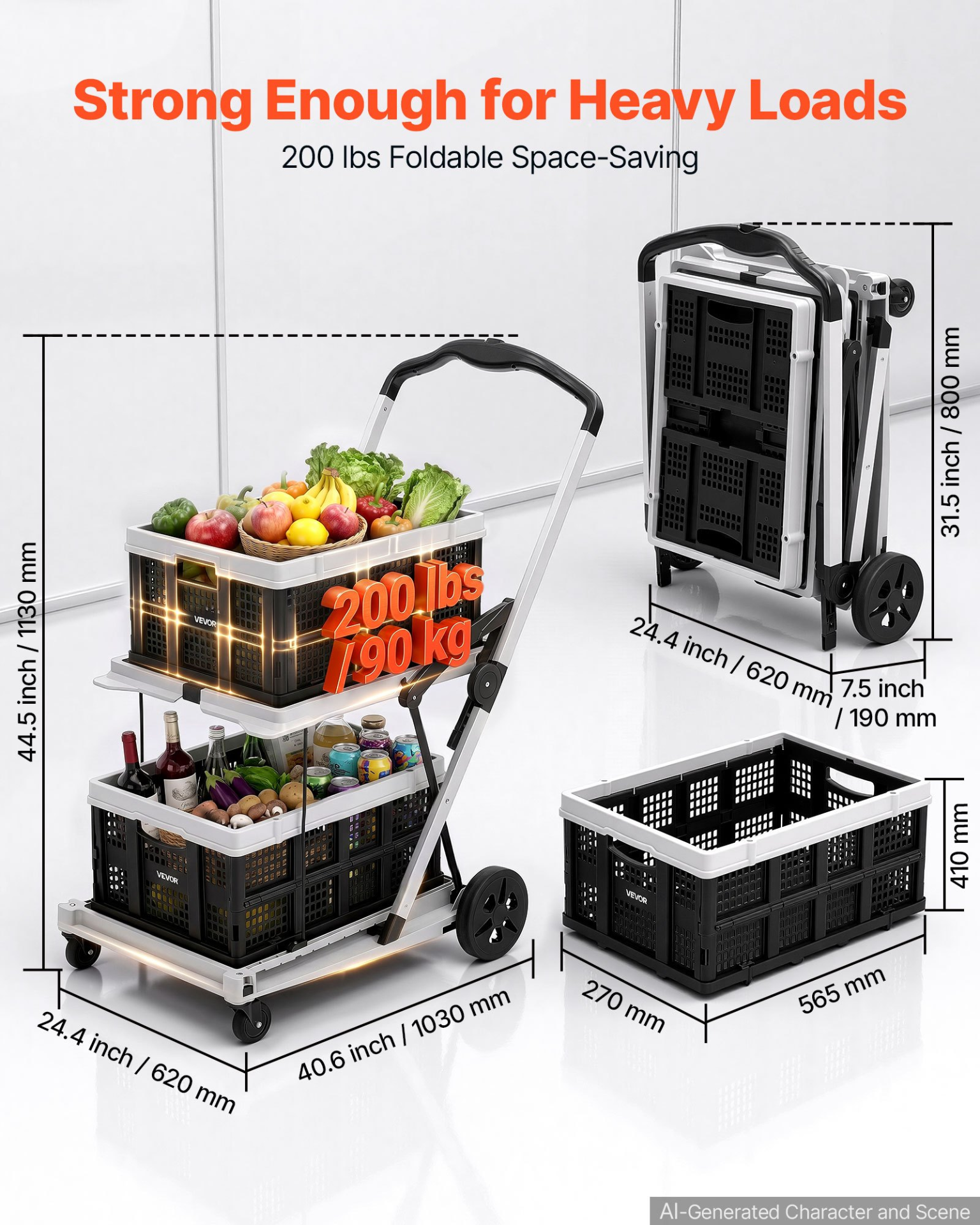 Carrito de compras plegable con ruedas, capacidad de 90 kg
