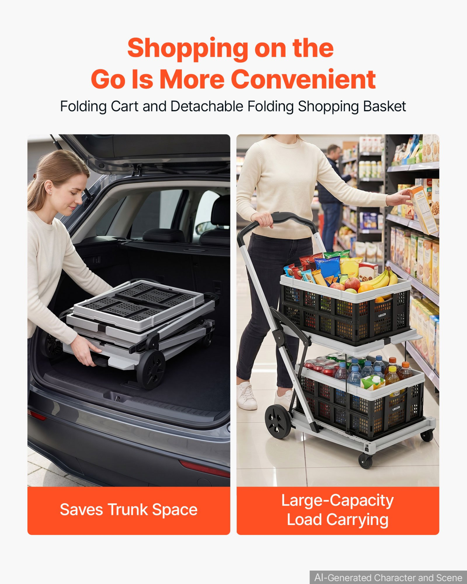 Carrito de compras plegable con ruedas, capacidad de 90 kg