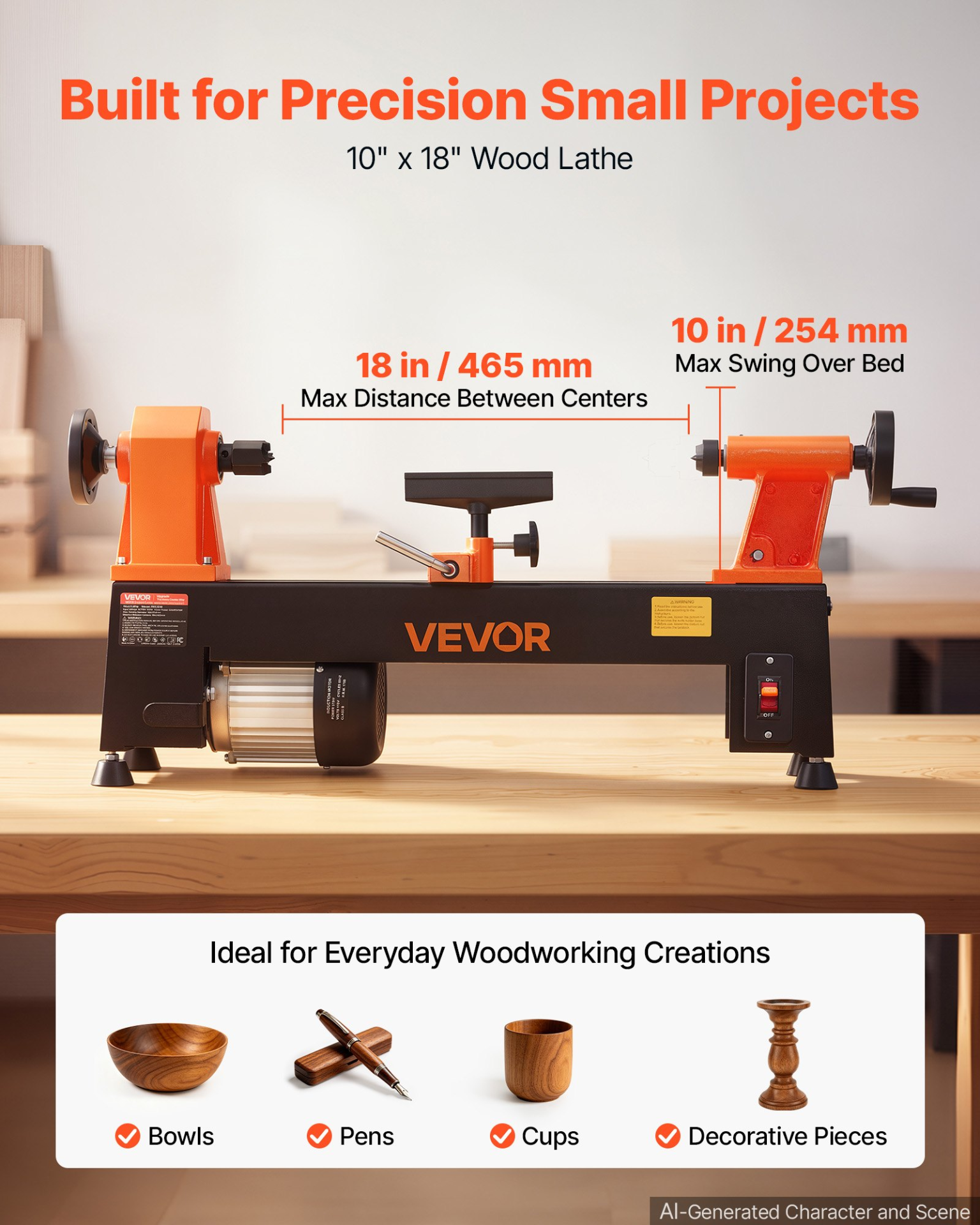 Torno para madera de 1/2 HP, 10" x 18" | VEVOR