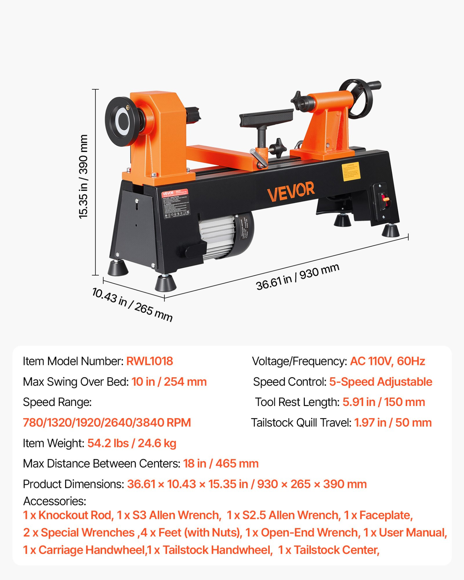 Torno para madera de 1/2 HP, 10" x 18" | VEVOR