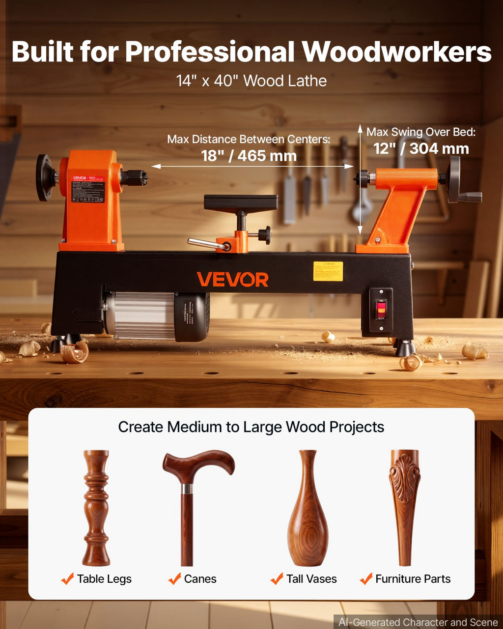 Torno para madera de 3/4 HP, 12" x 18" | VEVOR