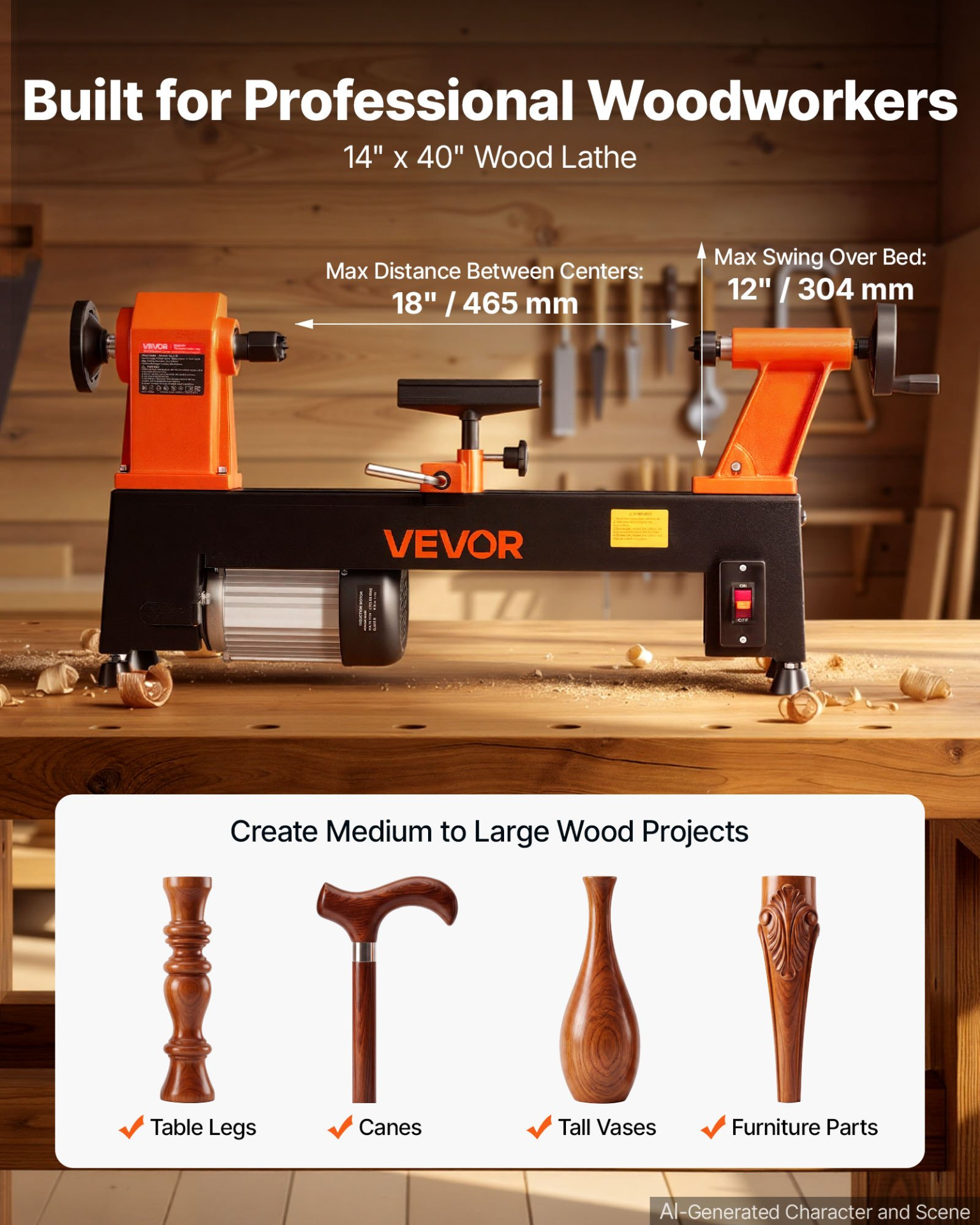 Torno para madera de 3/4 HP, 12" x 18" | VEVOR