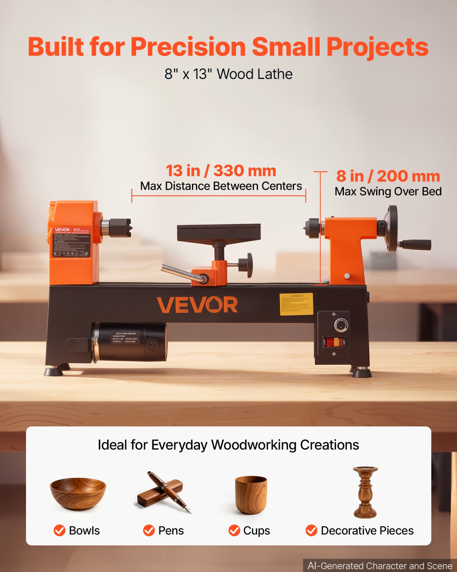 Torno para madera de 1/3 HP, 8" x 13" | VEVOR