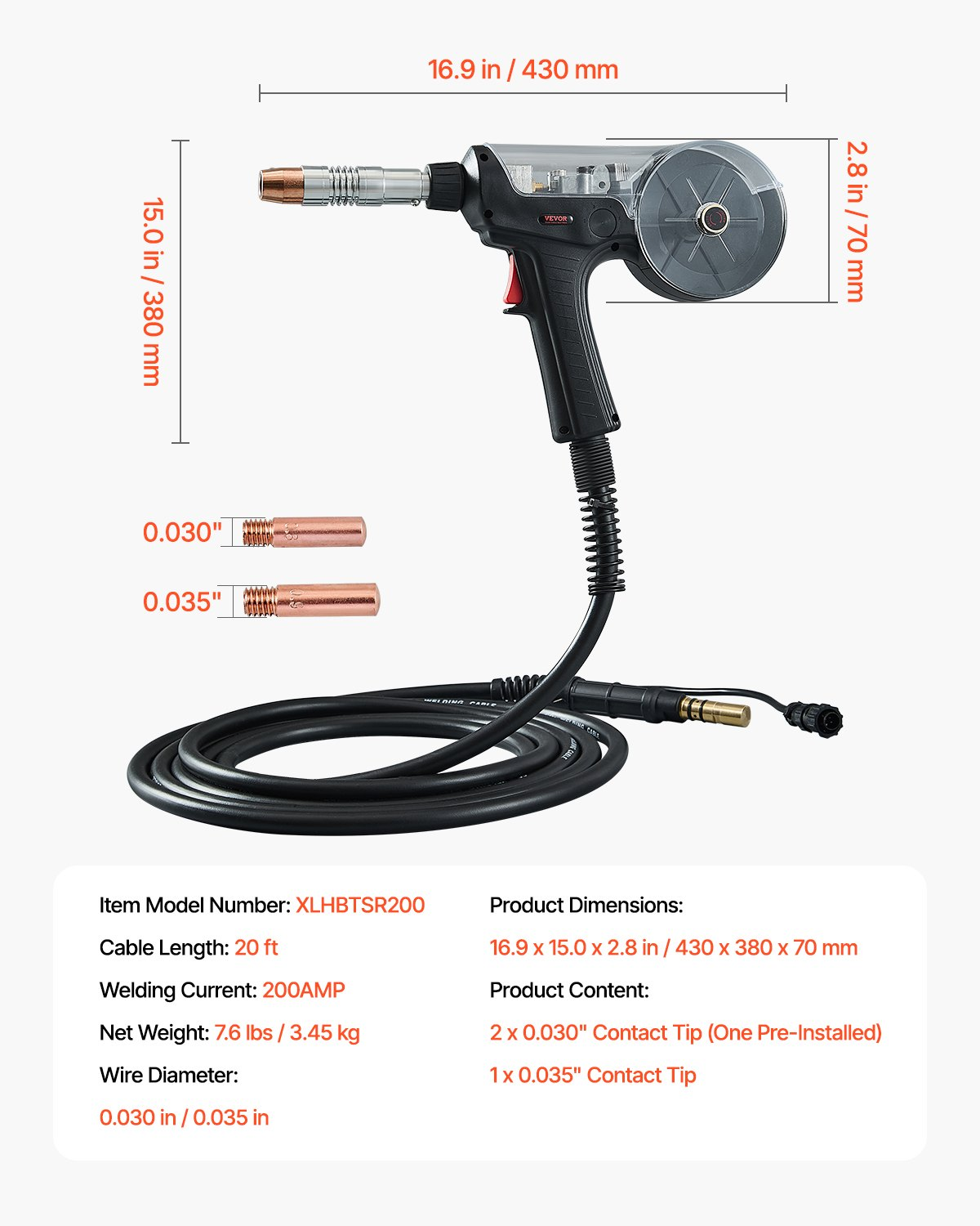Pistola de soldadura de 200 amperios con cable de 6 metros | VEVOR