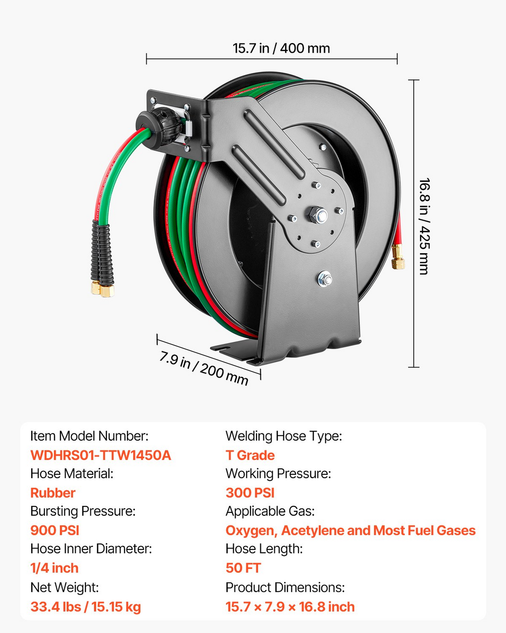 Carrete de manguera retráctil para soldadura HJRGJP50FT | VEVOR