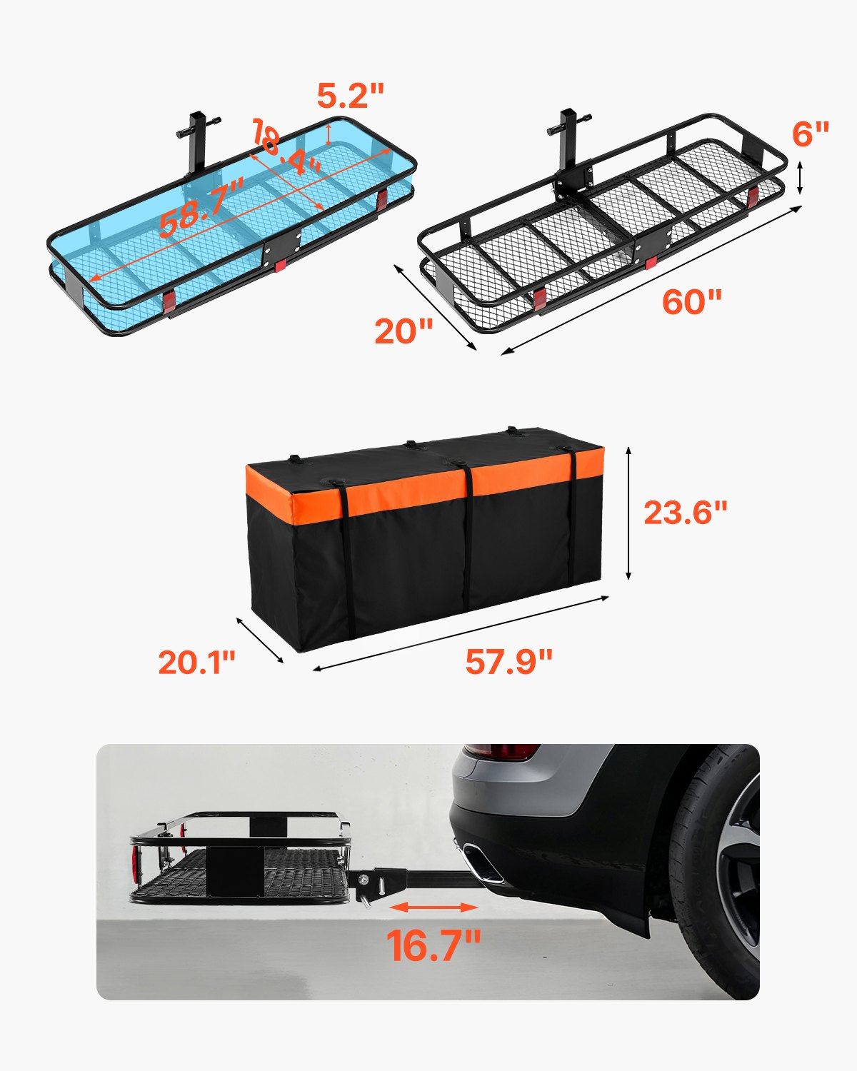 Portacargas de 60" x 20" x 6", capacidad de 500 lbs