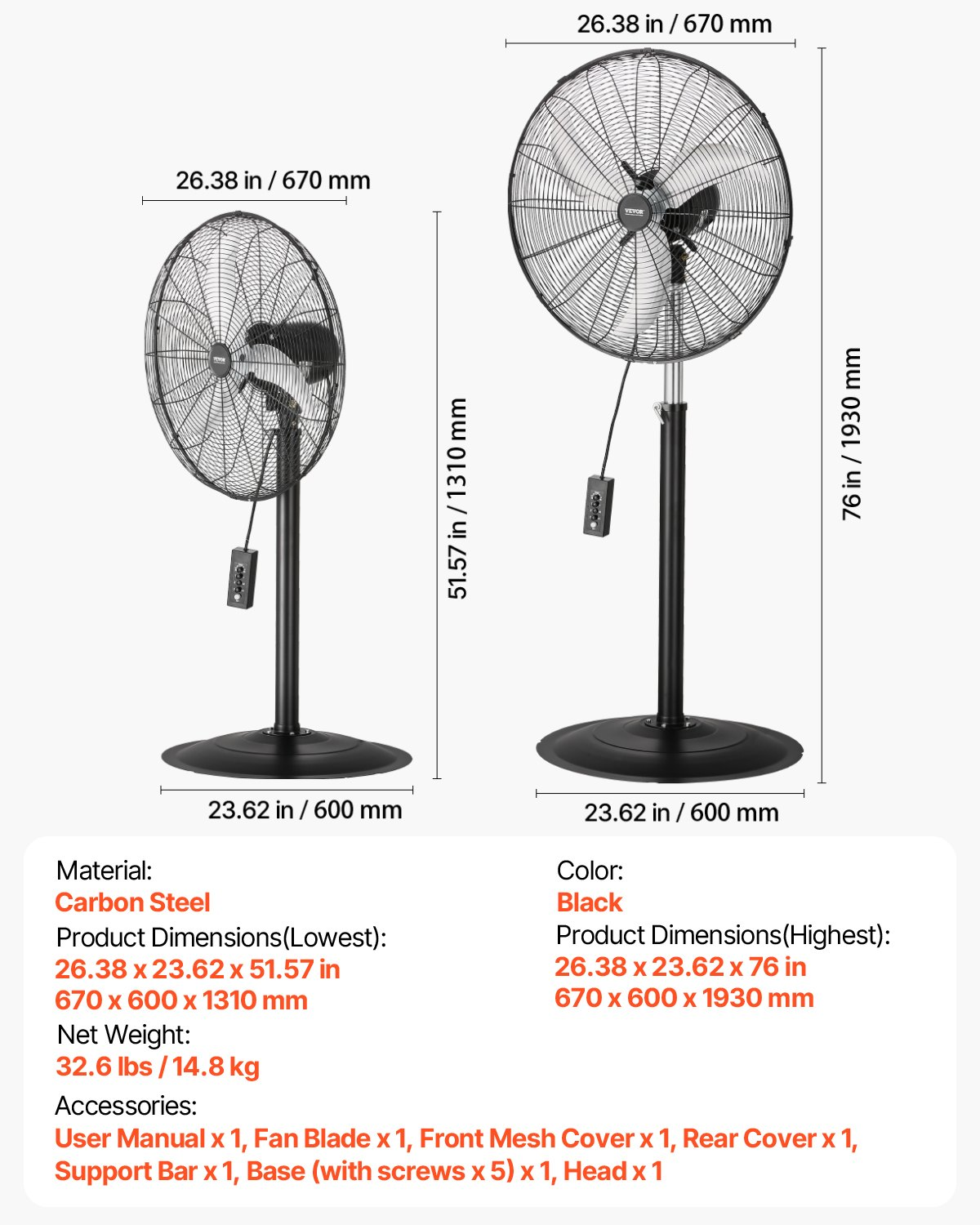 Ventilador de pedestal industrial, 24 pulgadas | VEVOR