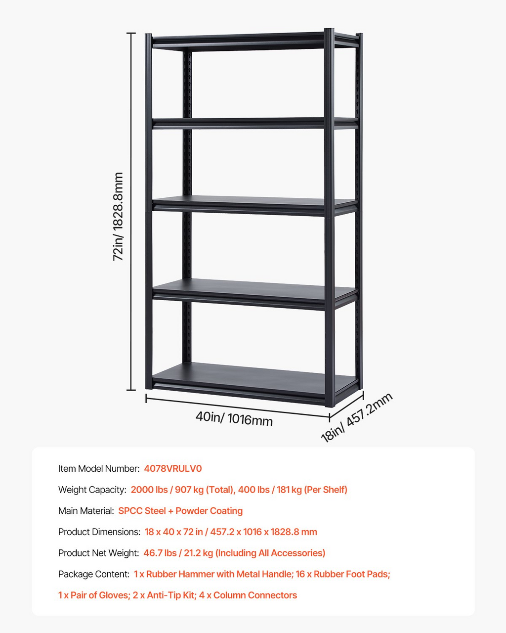 Estanterías de almacenamiento, 907 kg (2000 lbs), 45,7 cm | VEVOR