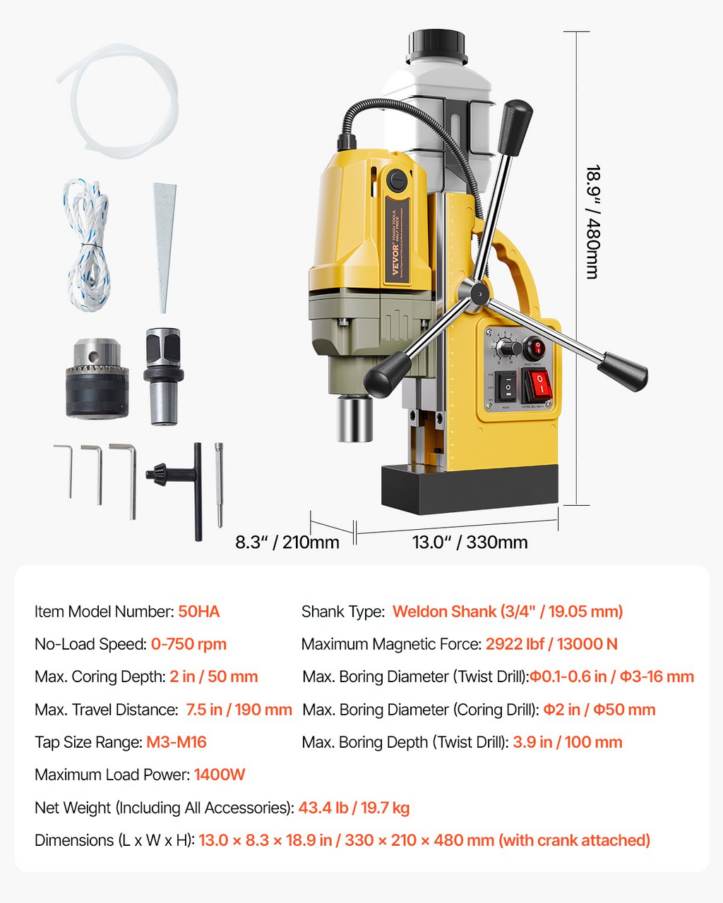Taladro magnético, motor de 1400 W, 2 pulgadas | VEVOR