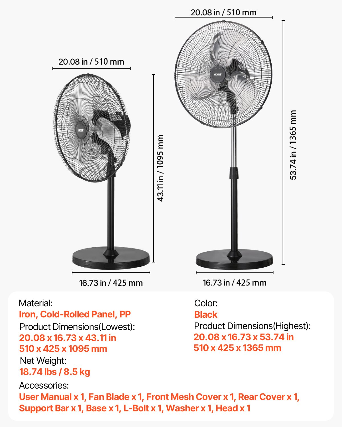 Ventilador de pedestal industrial, 18 pulgadas | VEVOR