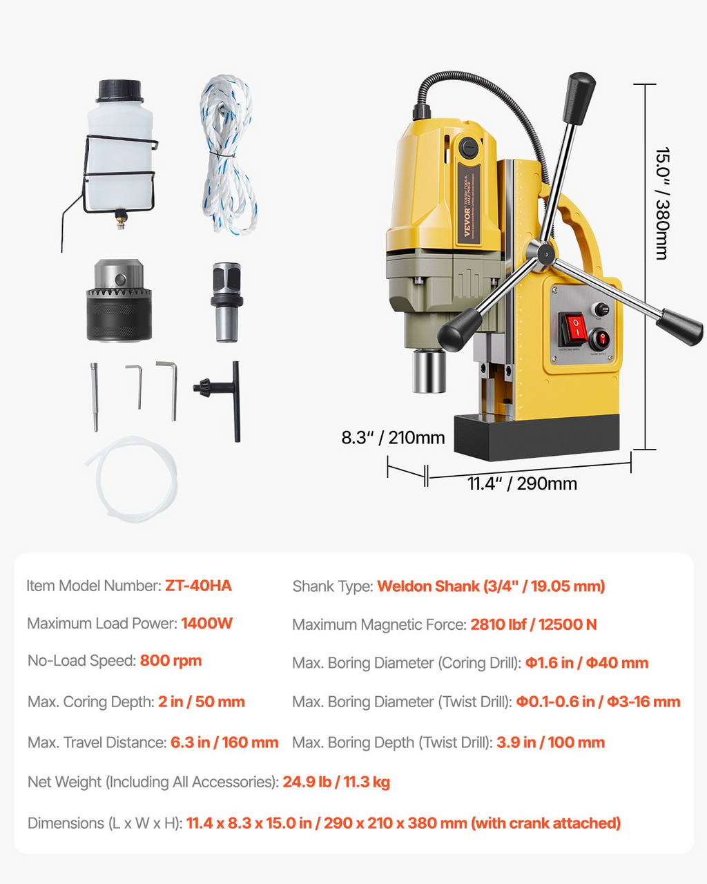 Taladro magnético, motor de 1400 W, 1,6 pulgadas | VEVOR