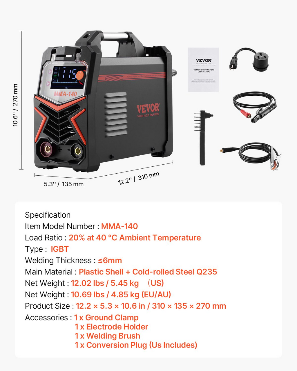 Soldadora MMA, 140 A, 4 en 1, 110 y 220 V | VEVOR