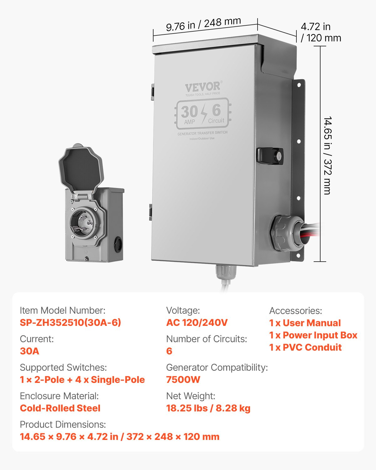 Interruptor de transferencia manual, 30 amperios | VEVOR