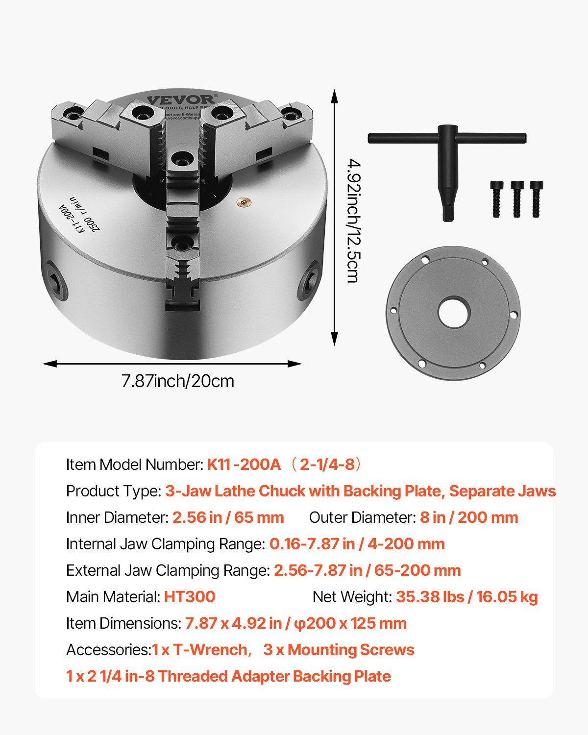 Mandril de torno de 3 mordazas, 8 pulgadas (200 mm) | VEVOR