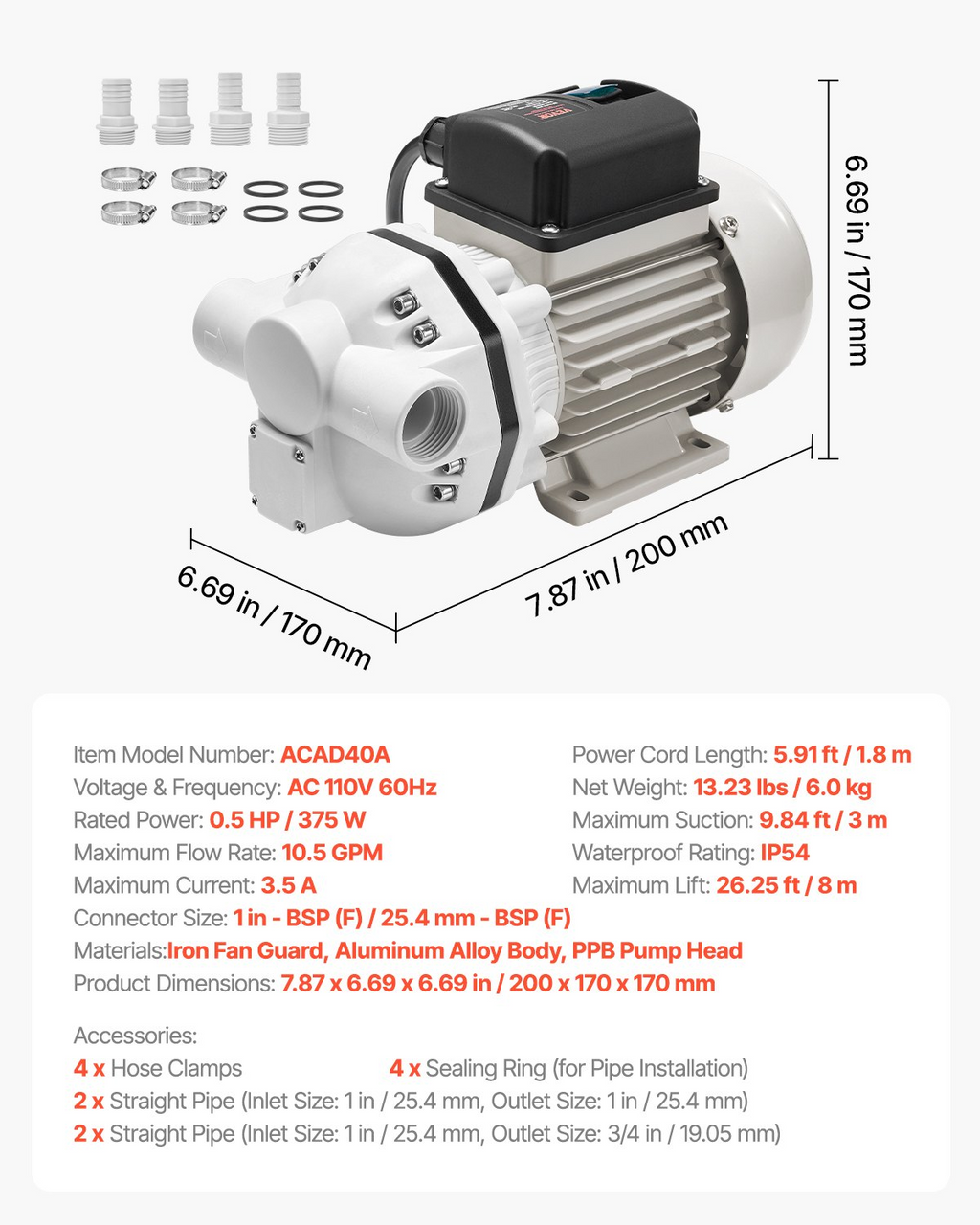 Bomba de transferencia DEF, 10.5 GPM, 110 V | VEVOR