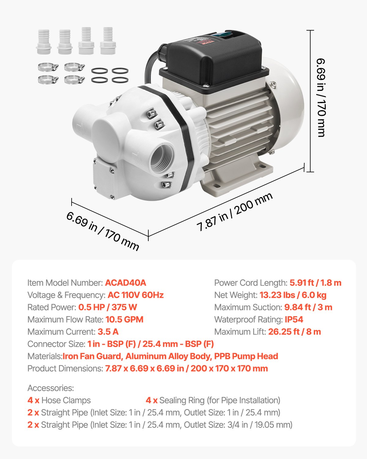 Bomba de transferencia DEF, 10.5 GPM, 110 V | VEVOR