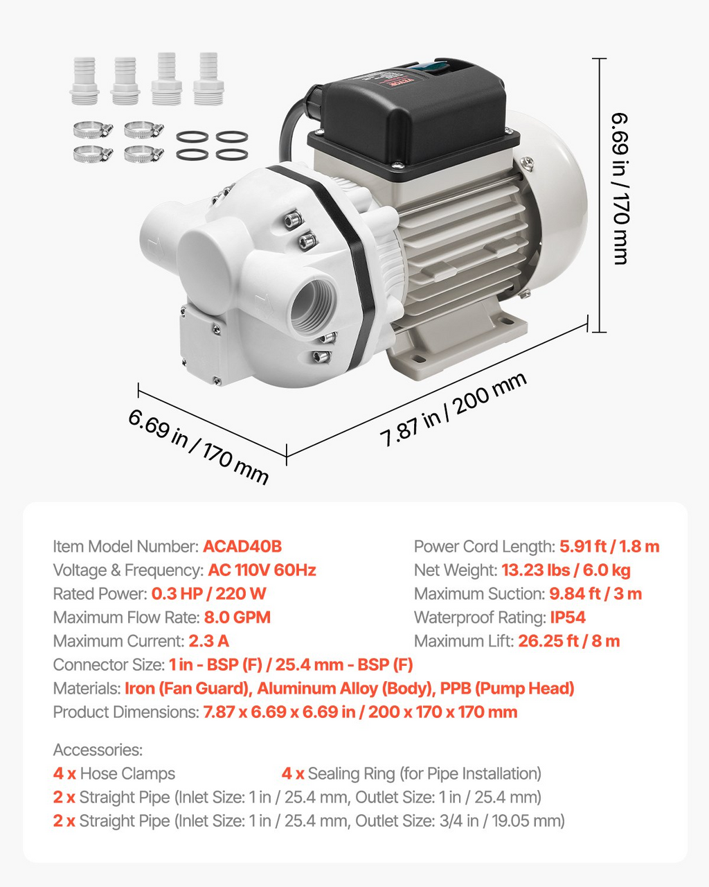 Bomba de transferencia DEF, 8 GPM, 110 V, 220 W | VEVOR
