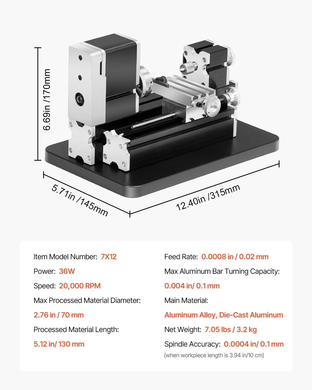 Mini torno de metal didáctico, 7 x 13 cm, 36 W | VEVOR