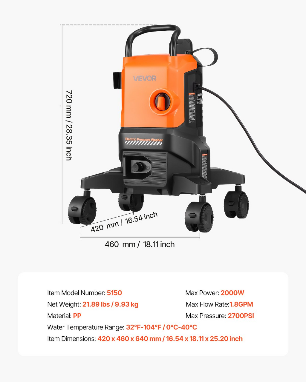 Hidrolimpiadora eléctrica, 2700 PSI | VEVOR
