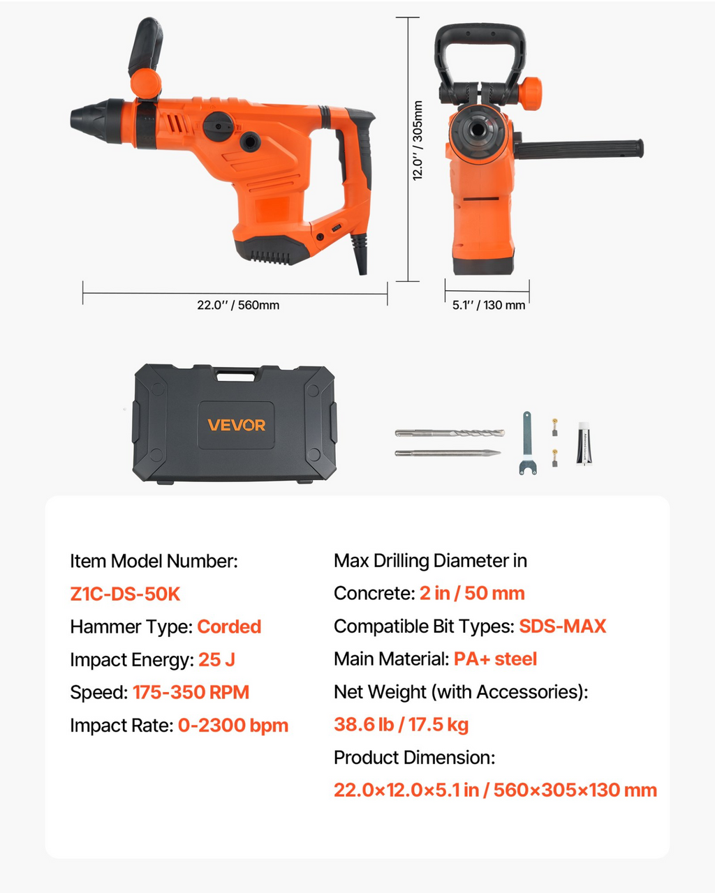 Taladro percutor con cable, 1600 W, 175-350 RPM | VEVOR
