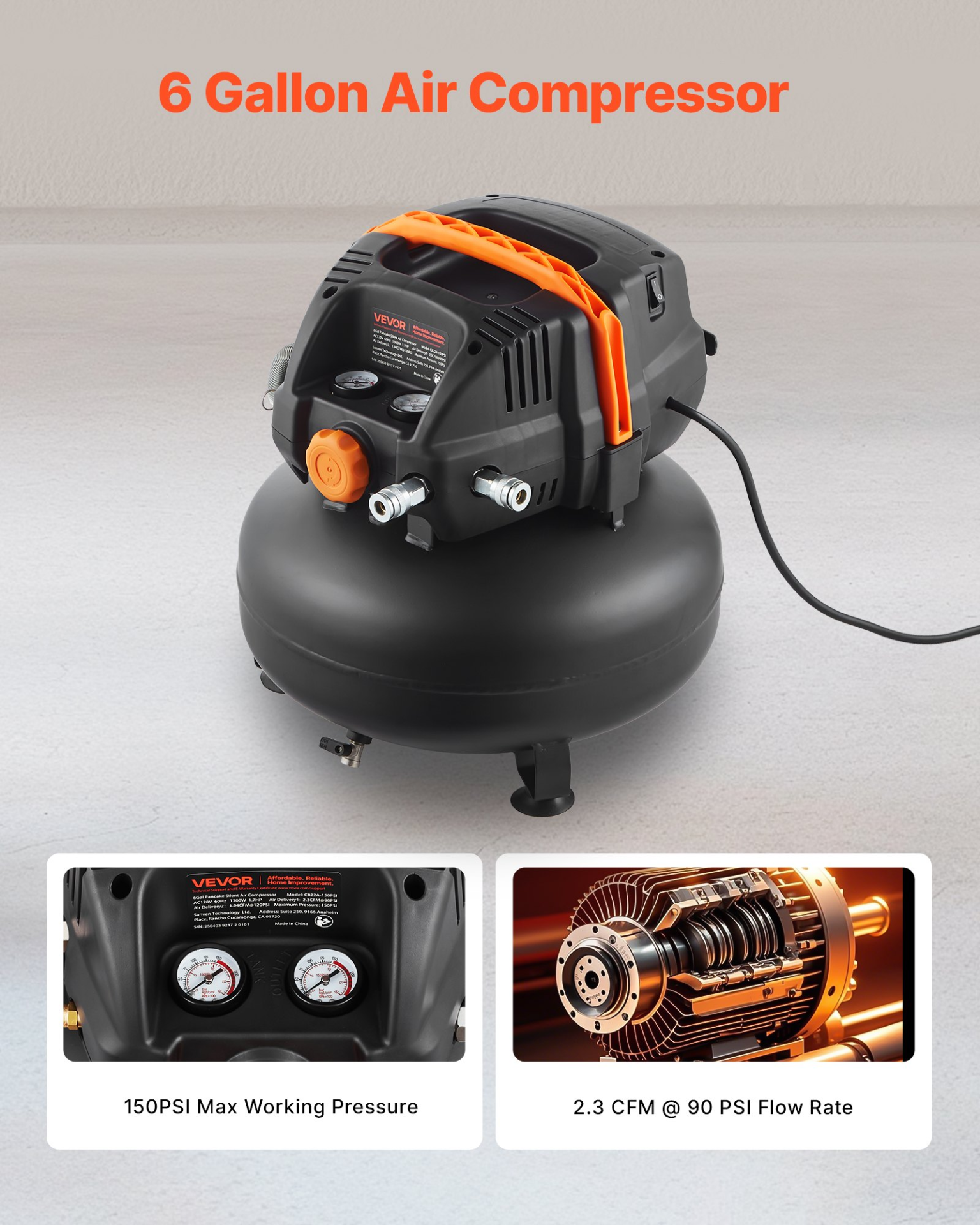 Compresor de aire de 6 galones, 1.7 HP | VEVOR