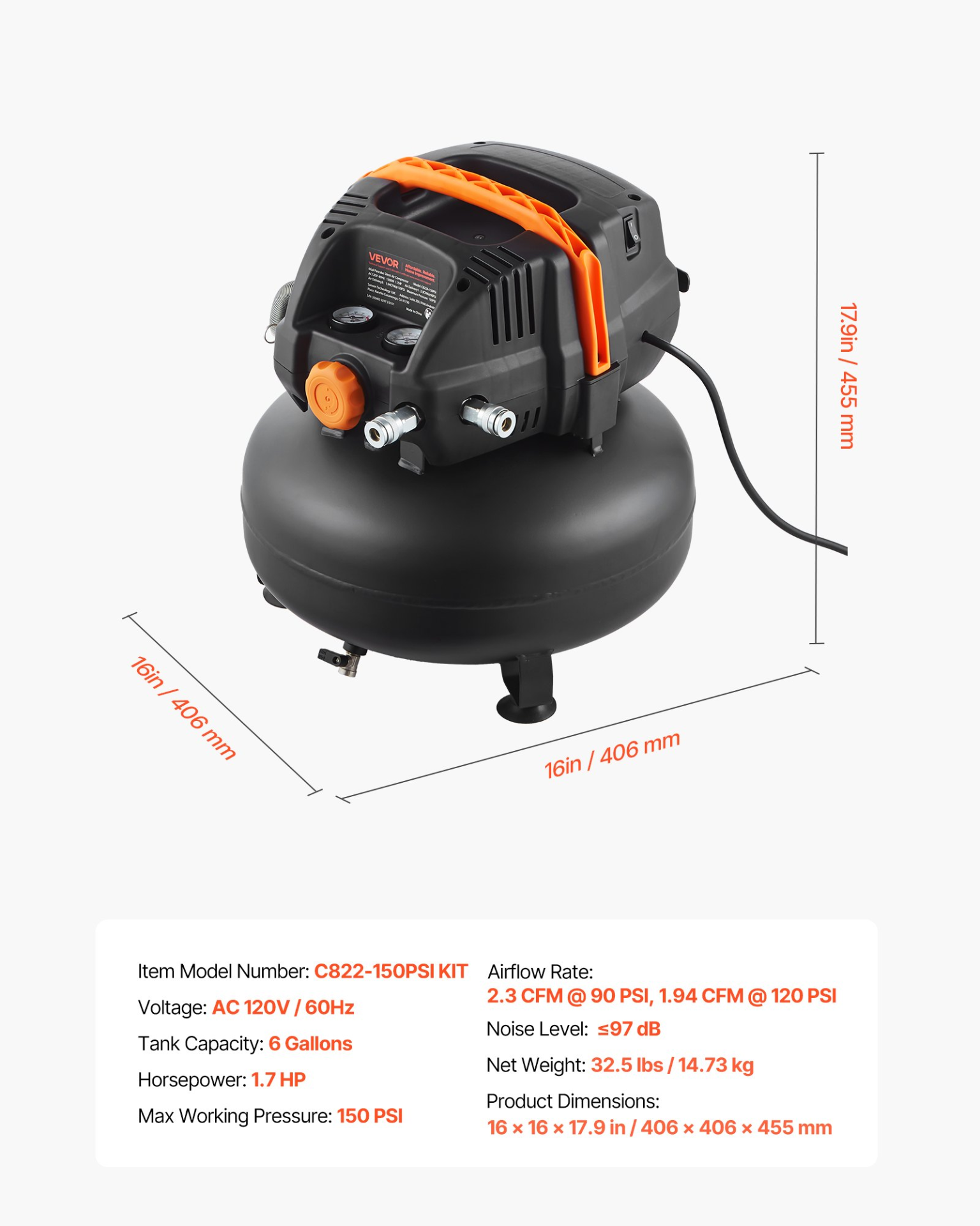 Compresor de aire de 6 galones, 1.7 HP | VEVOR