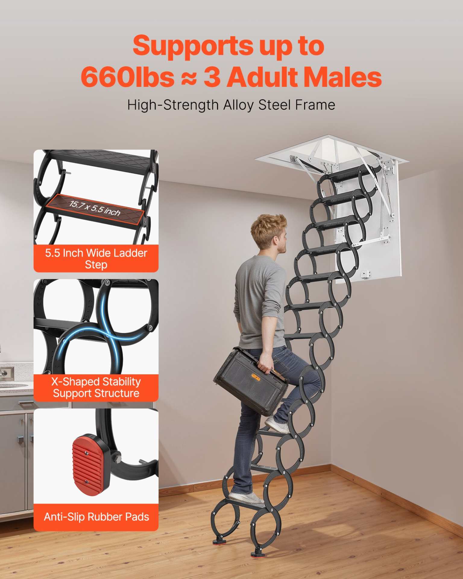 Escalera de ático, capacidad de 299, 4 kg (660 lb), 299,4 kg