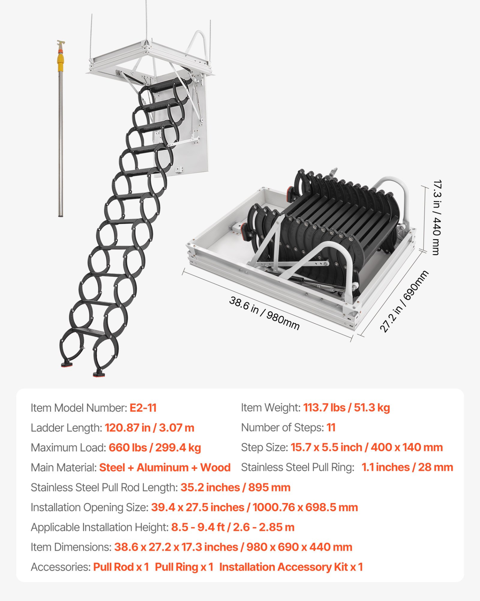 Escalera de ático, capacidad de 299, 4 kg (660 lb)