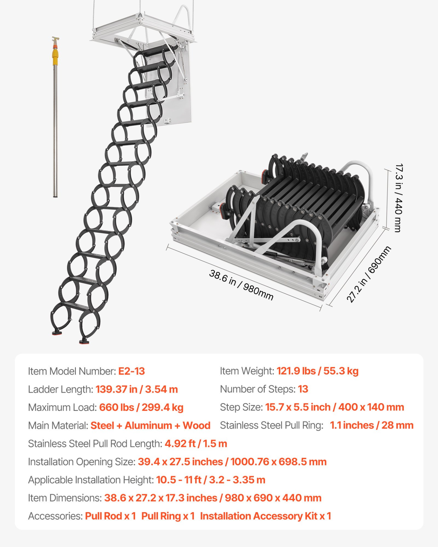 Escalera de ático, capacidad de 299, 4 kg (660 lb), 70 cm