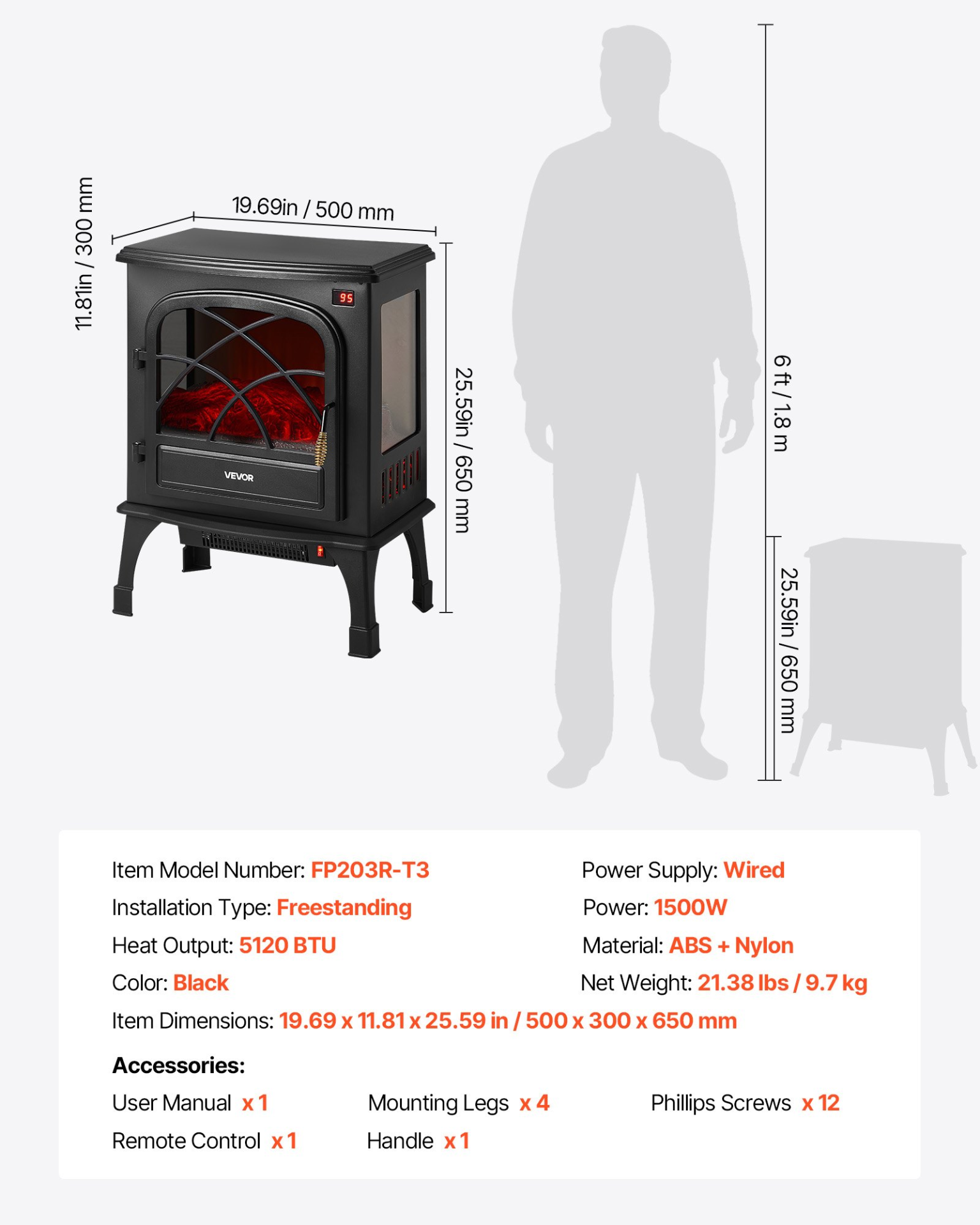Chimenea eléctrica portátil independiente de 65 cm | VEVOR