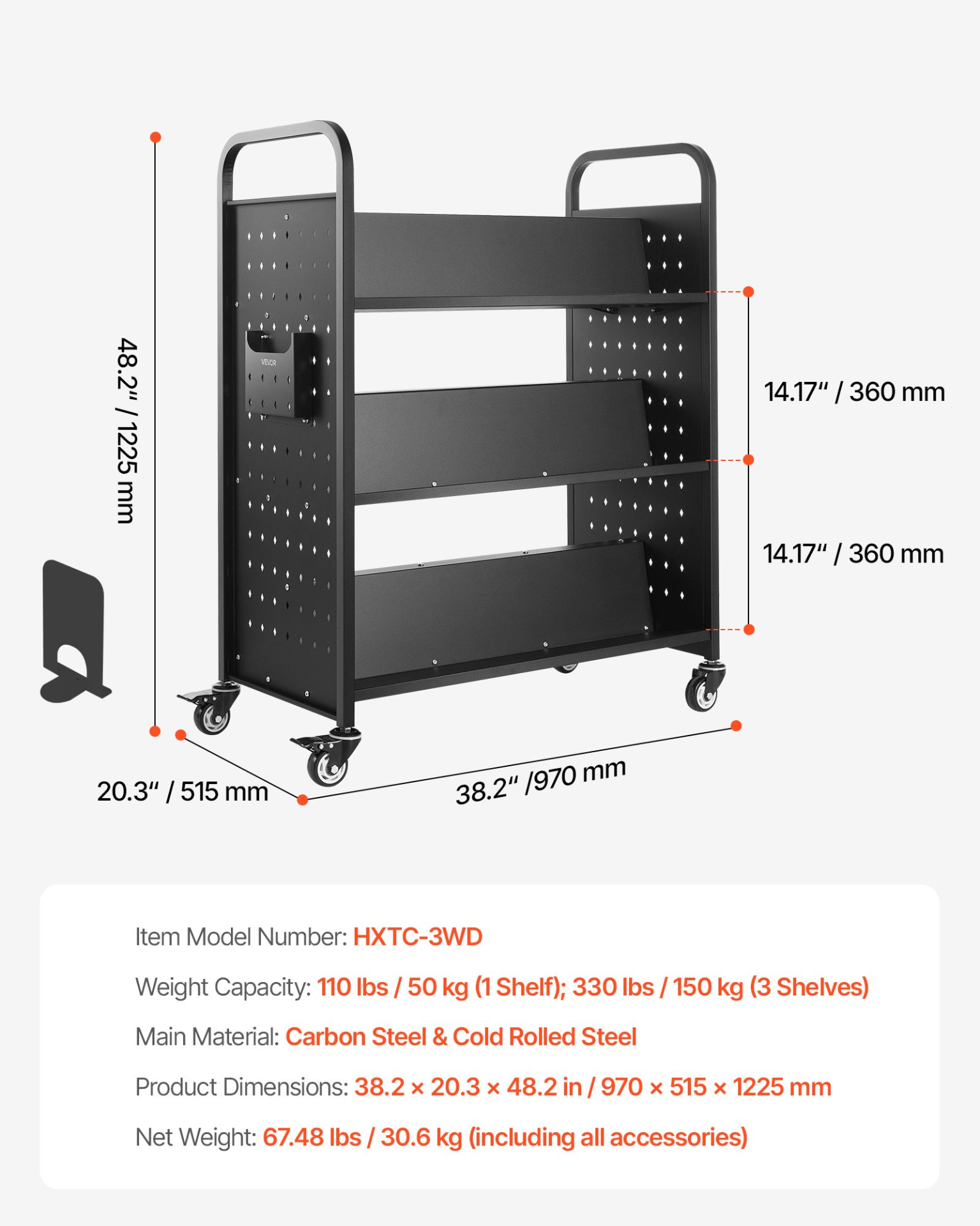 Carro de biblioteca rodante, capacidad de 150 kg, 122 cm | VEVOR