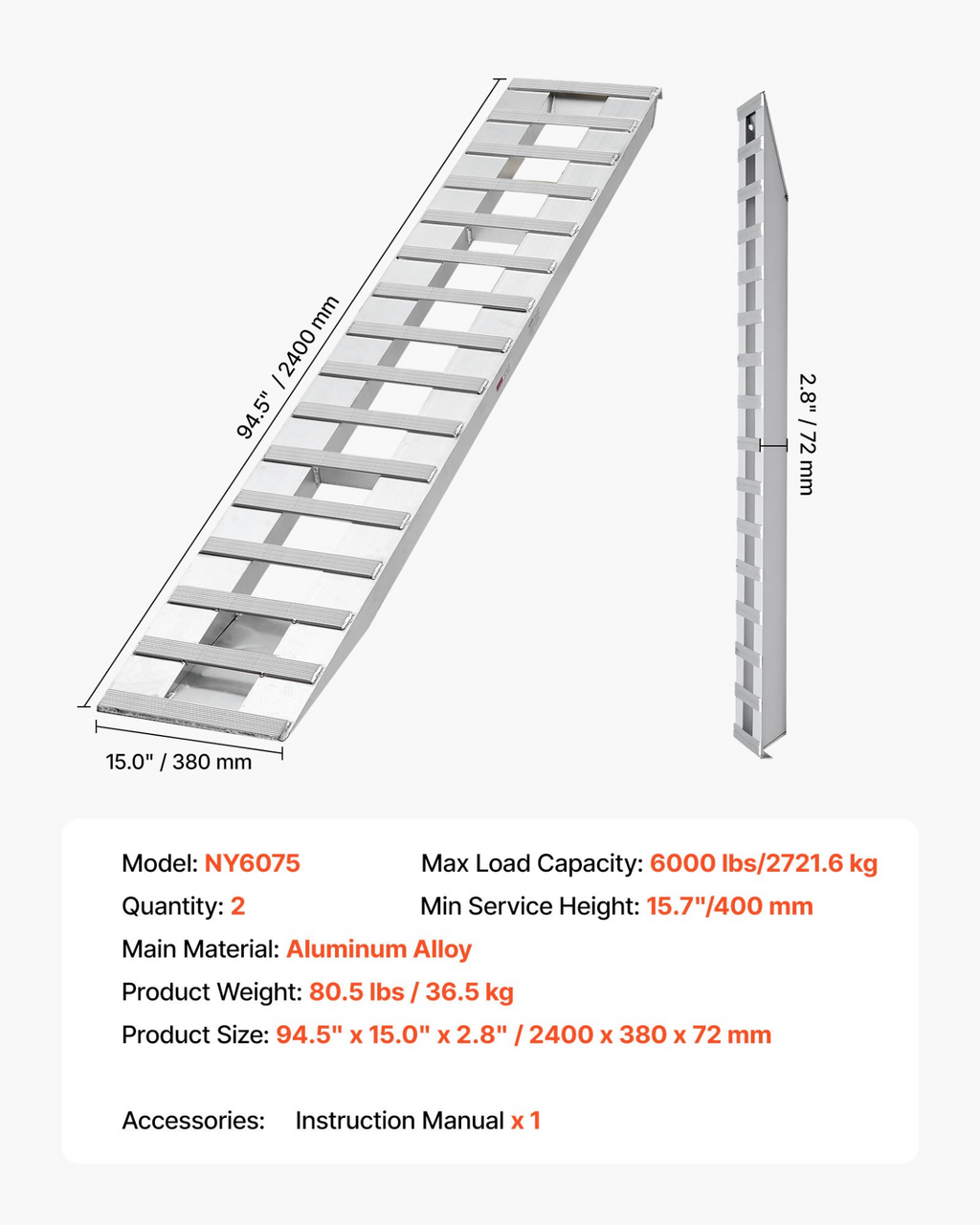 Rampas de carga, 2 piezas de 94 x 15 pulgadas | VEVOR