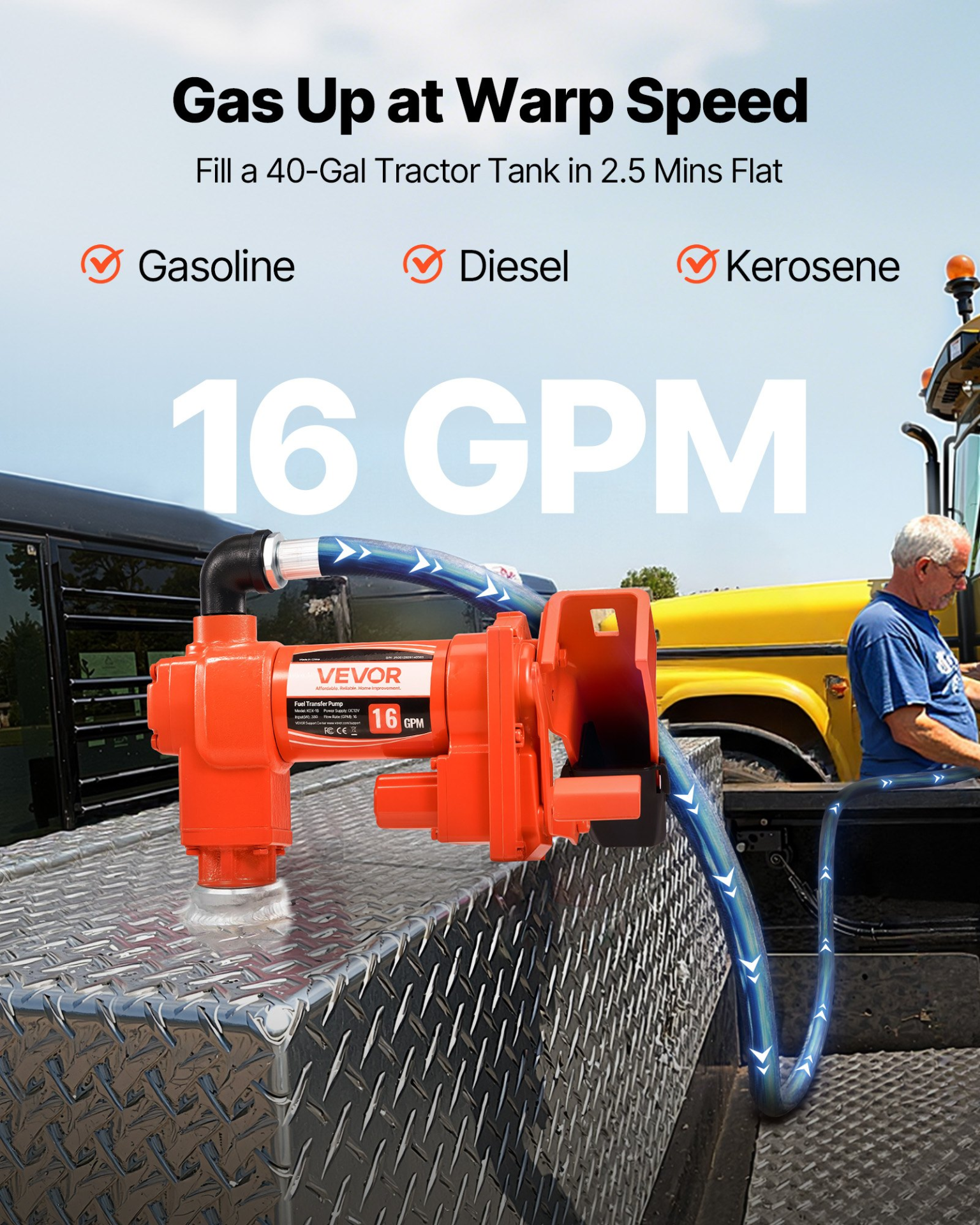 Bomba de transferencia de combustible, 12 V CC, 16 GPM | VEVOR