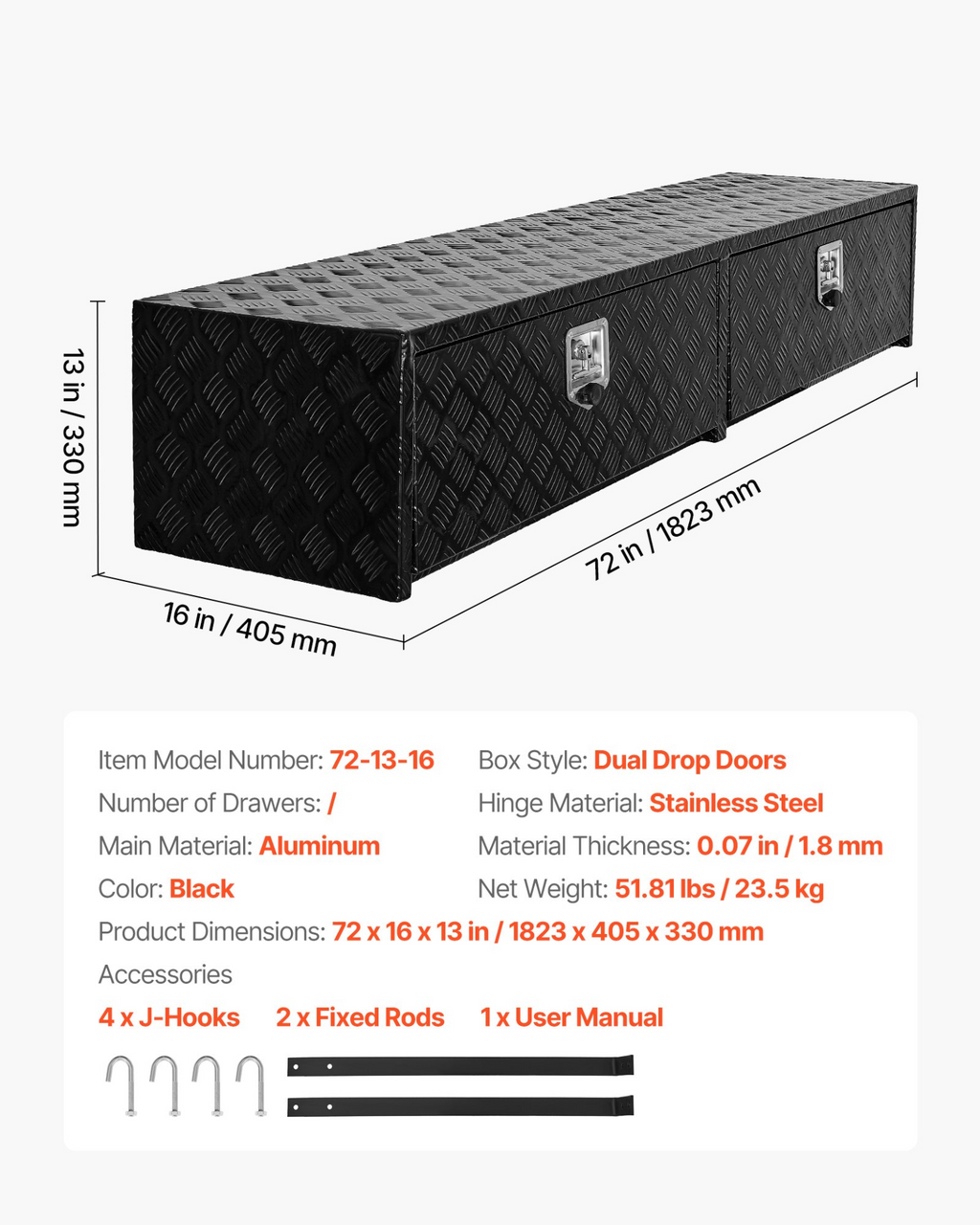 Caja de herramientas para camioneta, 72 x 13 x 16 pulgadas | VEVOR