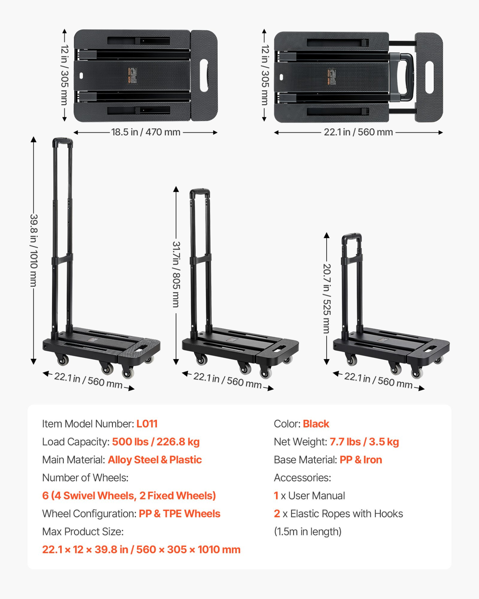 Carretilla plegable, capacidad de carga de 227 kg | VEVOR