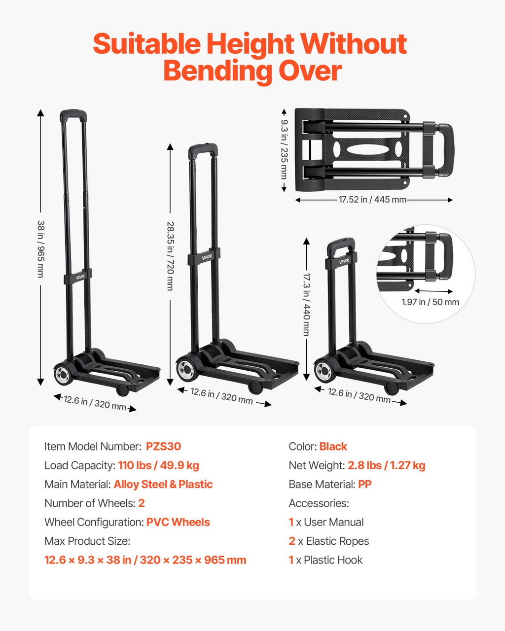 Carretilla plegable, capacidad de carga de 50 kg | VEVOR