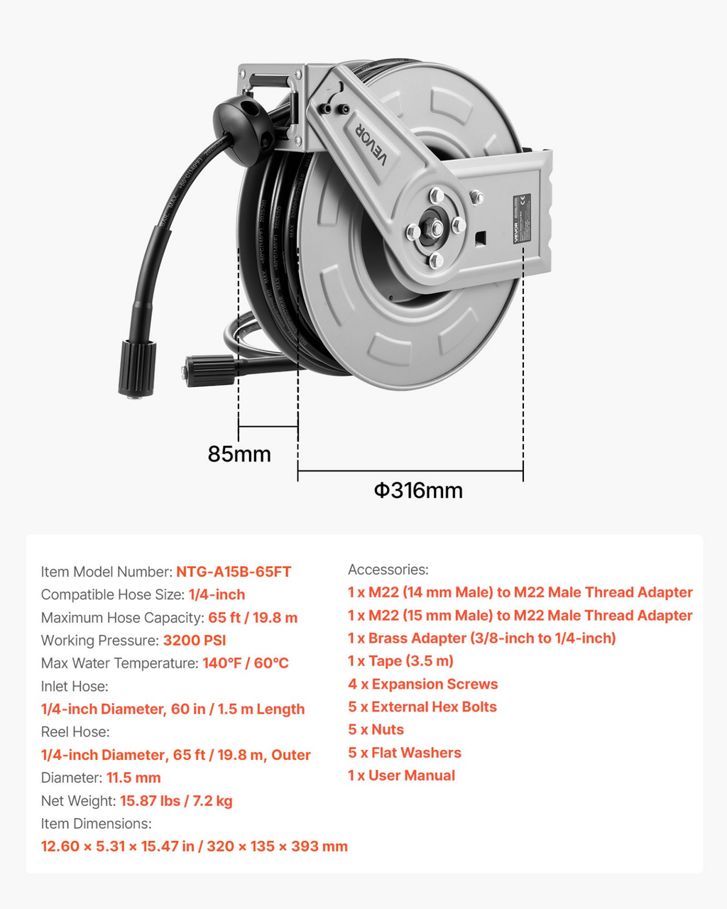 Carrete de manguera para hidrolavadora, de 19 m x 6 mm | VEVOR