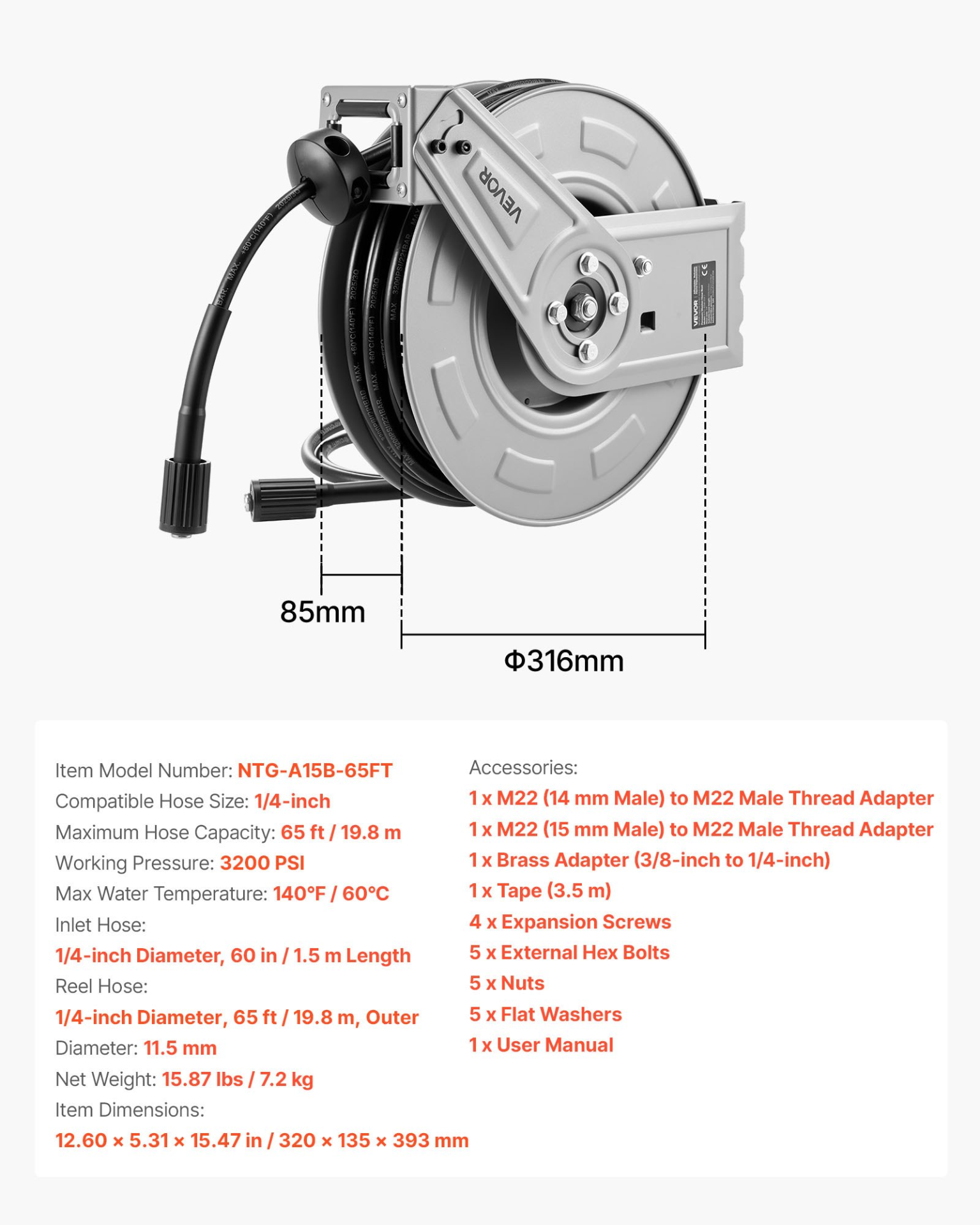 Carrete de manguera para hidrolavadora, de 19 m x 6 mm | VEVOR