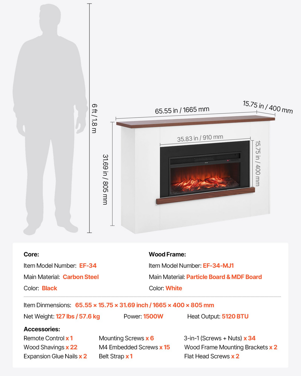 Chimenea eléctrica independiente de 65, 5 pulgadas | VEVOR