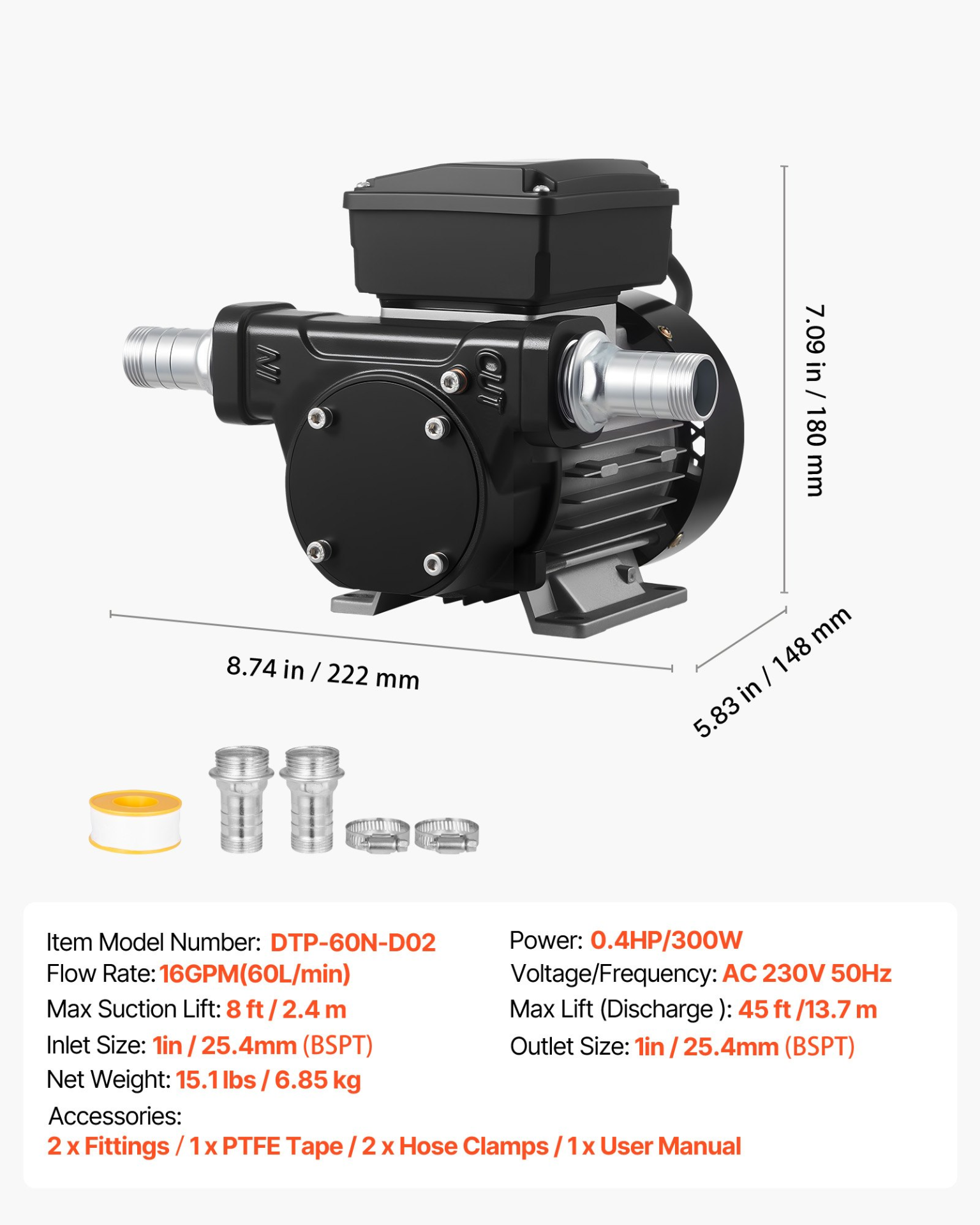 Bomba de transferencia de aceite 110V, 16 GPM 60 L/min | VEVOR