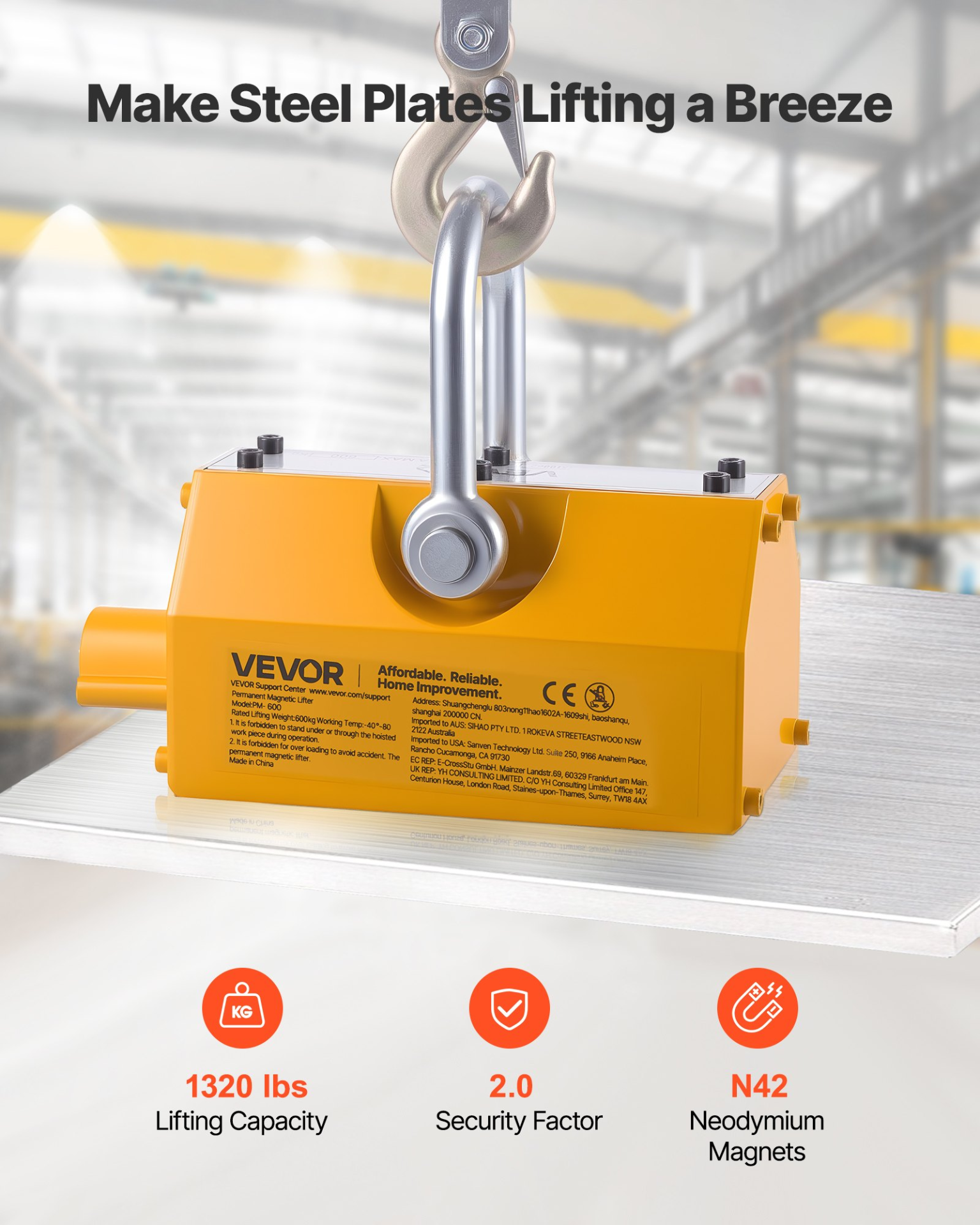 Elevador magnético permanente, 600 kg | VEVOR